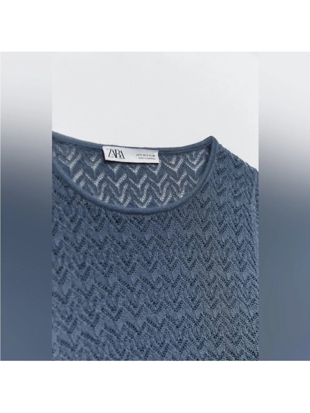 Zara Pointelle Knit Bell Sleeve Top – Blue – Size M